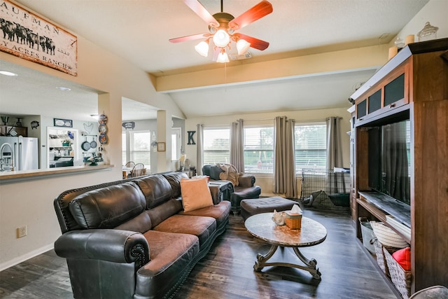 living room with dark hardwood / wood-style flooring, vaulted ceiling with beams, and ceiling fan