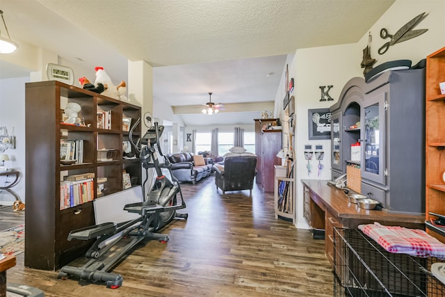 exercise area with ceiling fan, dark hardwood / wood-style flooring, and a textured ceiling