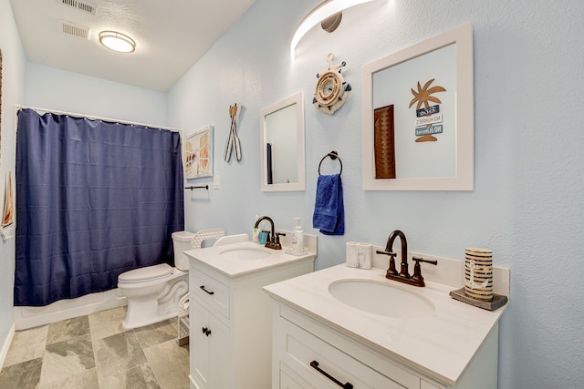 full bathroom with toilet, a textured ceiling, vanity, and shower / tub combo with curtain