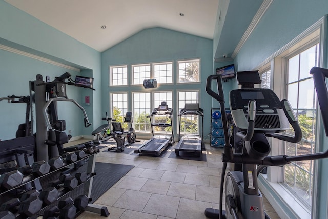 gym featuring high vaulted ceiling and a wealth of natural light