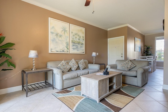 tiled living room featuring ceiling fan and ornamental molding