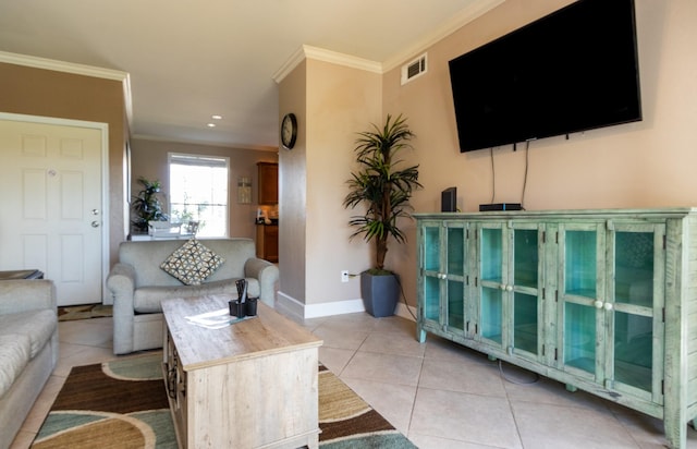 tiled living room featuring crown molding