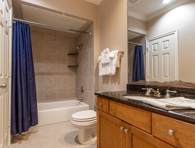 full bathroom featuring vanity, tile patterned floors, toilet, shower / bath combo with shower curtain, and ornamental molding