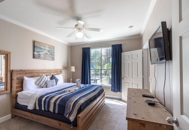 bedroom with ceiling fan, ornamental molding, and light carpet