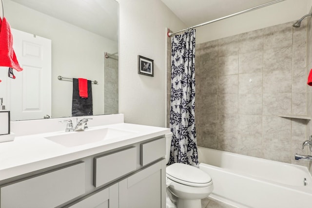 full bathroom featuring vanity, shower / bath combination with curtain, and toilet