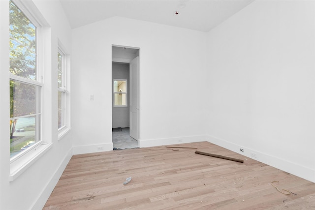 empty room featuring a wealth of natural light, light hardwood / wood-style flooring, and lofted ceiling