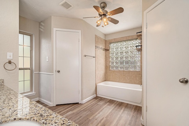 bathroom featuring wood-type flooring, vanity, and ceiling fan