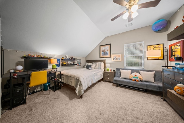 carpeted bedroom featuring ceiling fan and lofted ceiling