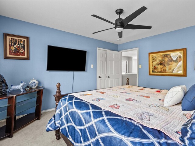 bedroom featuring ceiling fan and carpet floors