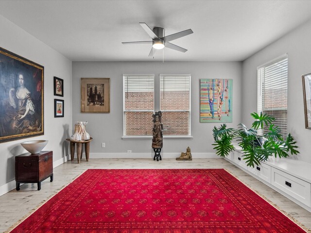 living area featuring ceiling fan and light hardwood / wood-style floors