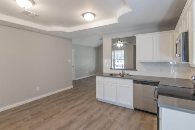 kitchen with appliances with stainless steel finishes, a raised ceiling, sink, hardwood / wood-style floors, and white cabinetry