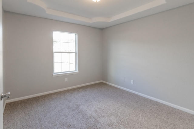 carpeted spare room featuring a tray ceiling