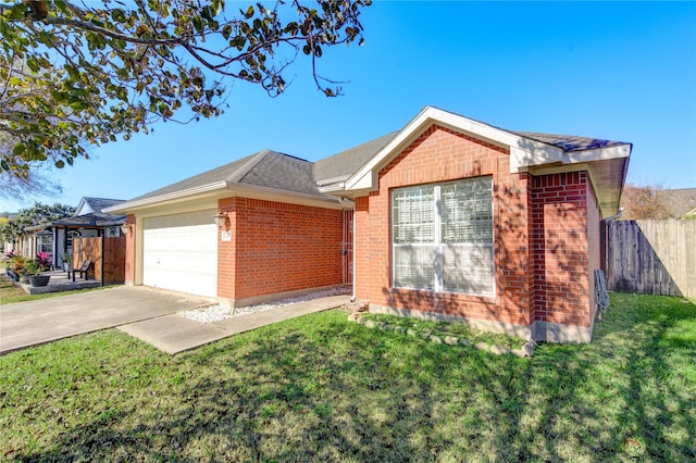 ranch-style home featuring a garage and a front lawn