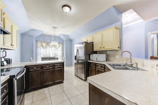 kitchen with lofted ceiling, sink, kitchen peninsula, and stainless steel appliances