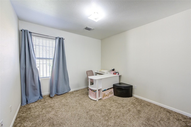 office featuring carpet flooring and a textured ceiling