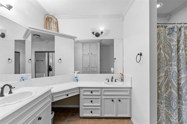 bathroom featuring a shower with curtain, ornamental molding, tile patterned floors, and vanity