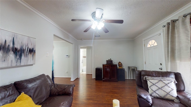 living room featuring a textured ceiling, crown molding, and dark wood-type flooring