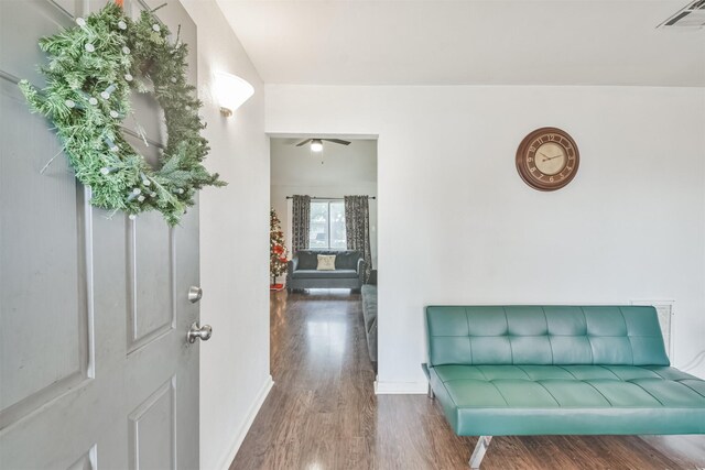 entrance foyer with hardwood / wood-style floors and ceiling fan