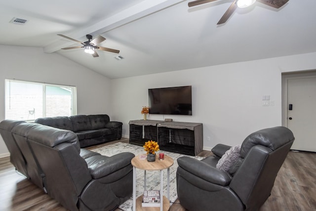 living room with lofted ceiling with beams, ceiling fan, and wood-type flooring