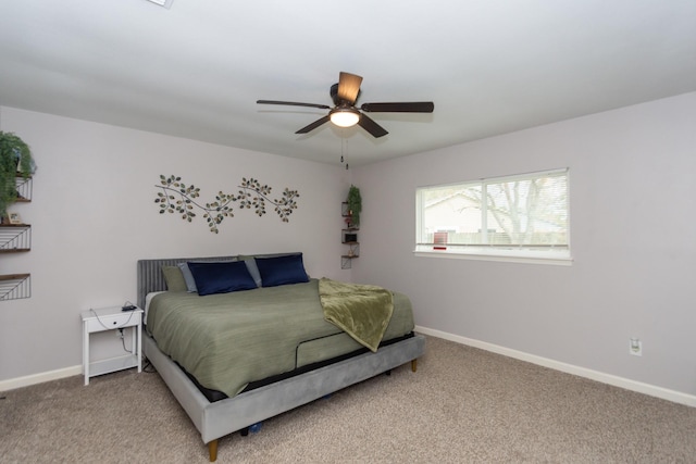 bedroom with light carpet and ceiling fan