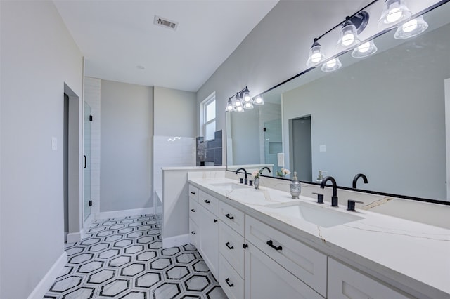 bathroom with vanity and plus walk in shower