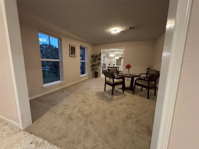 dining area with carpet floors and a textured ceiling