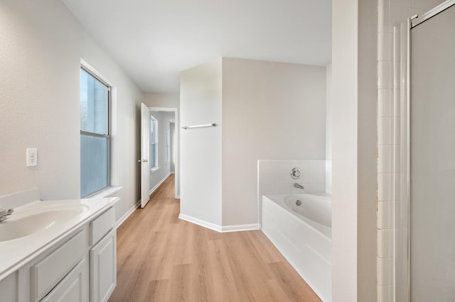 bathroom with vanity, hardwood / wood-style flooring, and separate shower and tub