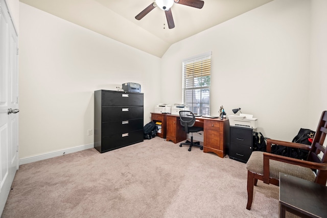 office area with lofted ceiling, light colored carpet, and ceiling fan