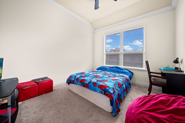 bedroom with crown molding, ceiling fan, lofted ceiling, and light carpet