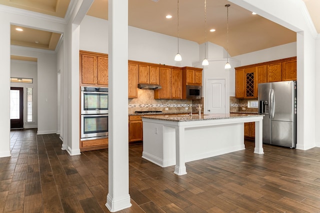 kitchen with a kitchen island with sink, a sink, stainless steel appliances, a towering ceiling, and under cabinet range hood