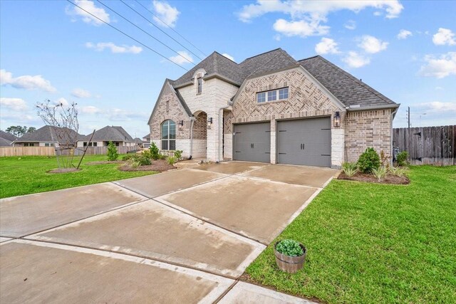 french provincial home featuring brick siding, a front lawn, a shingled roof, and fence