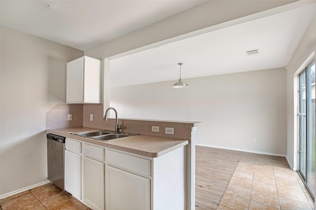 kitchen with pendant lighting, sink, stainless steel dishwasher, white cabinetry, and kitchen peninsula