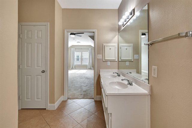 bathroom featuring vanity, tile patterned floors, and ceiling fan