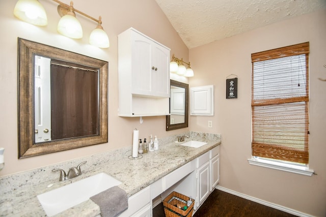 bathroom with lofted ceiling, vanity, and a textured ceiling