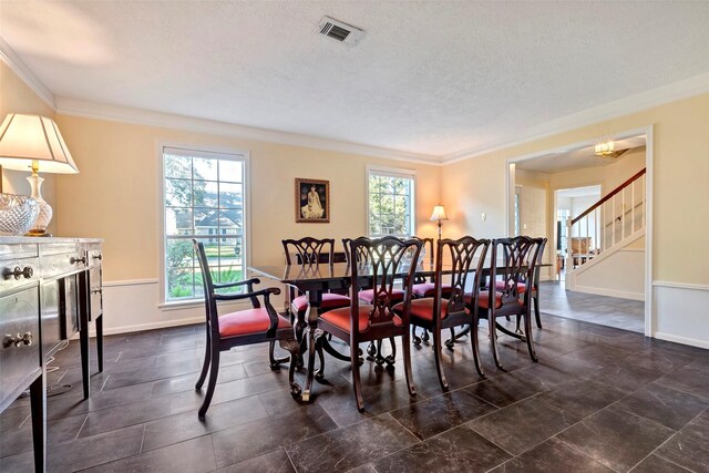 dining space featuring ornamental molding, a healthy amount of sunlight, and a textured ceiling