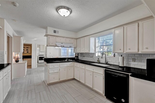 kitchen featuring black dishwasher, sink, white cabinets, and backsplash