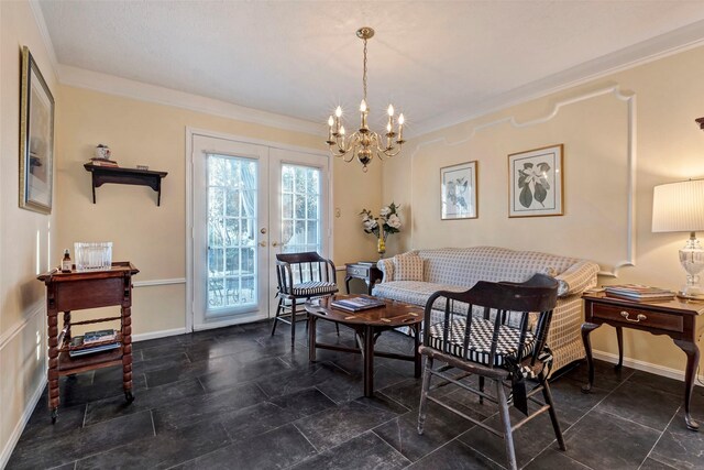 living area with french doors, ornamental molding, a chandelier, and breakfast area