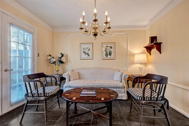 living area with crown molding and an inviting chandelier