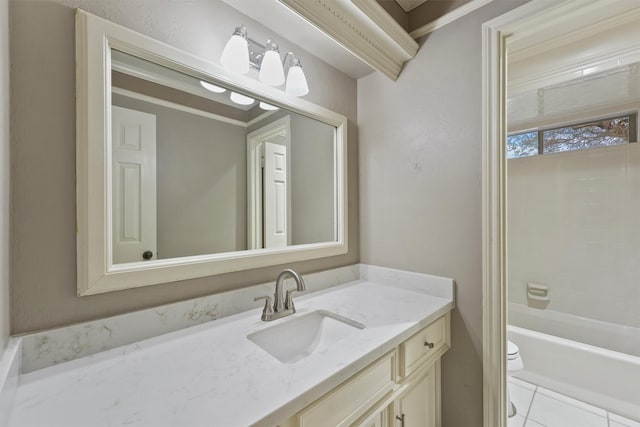 full bathroom featuring vanity, shower / tub combination, tile patterned flooring, and toilet