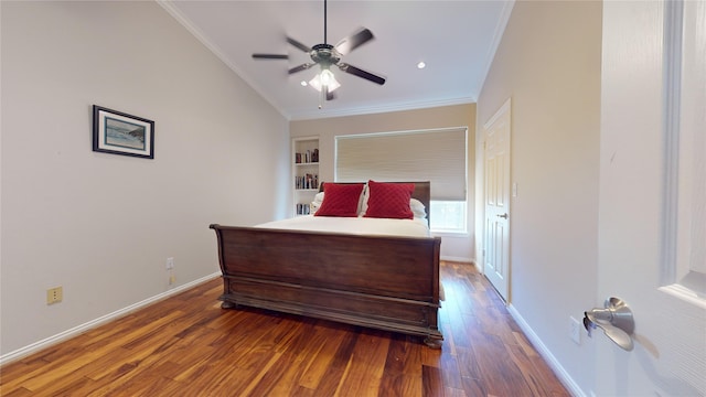 bedroom featuring ceiling fan, crown molding, and dark hardwood / wood-style floors