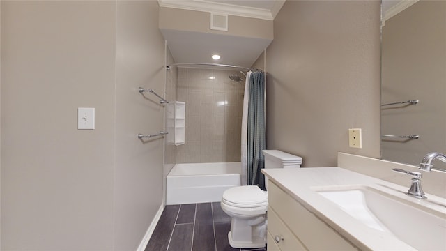 full bathroom featuring shower / bath combo, wood-type flooring, toilet, vanity, and ornamental molding