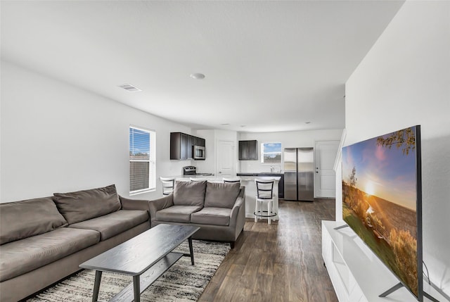 living room with dark hardwood / wood-style flooring