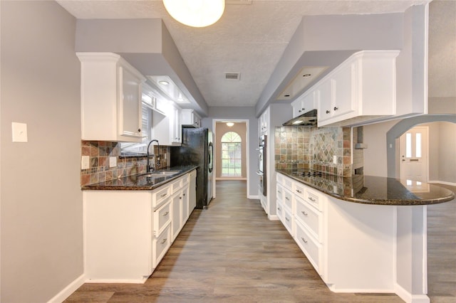 kitchen with hardwood / wood-style floors, white cabinets, dark stone countertops, sink, and backsplash