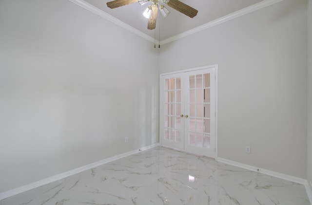 spare room featuring french doors, ceiling fan, and crown molding