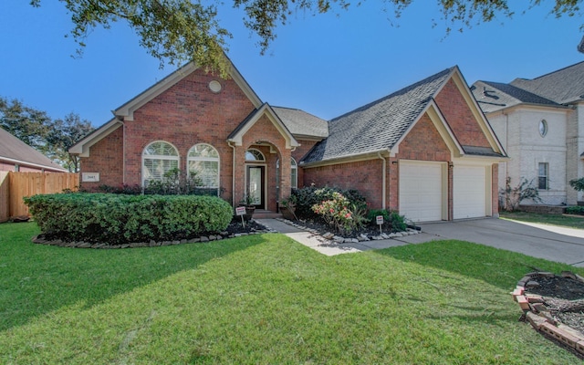 view of front of property with a garage and a front lawn