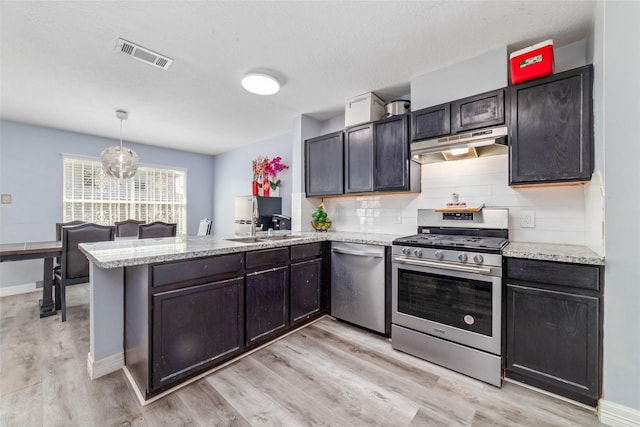 kitchen with hanging light fixtures, kitchen peninsula, decorative backsplash, appliances with stainless steel finishes, and light wood-type flooring