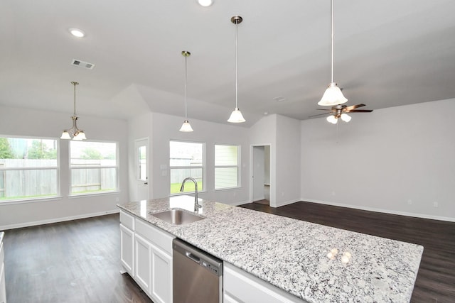 kitchen featuring white cabinetry, dishwasher, sink, light stone countertops, and dark hardwood / wood-style floors