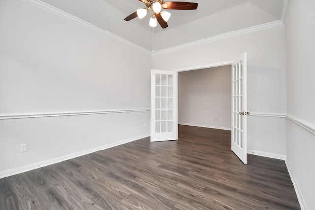 unfurnished room featuring french doors, ornamental molding, and dark wood-type flooring