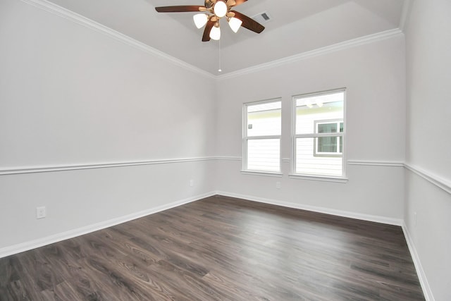 unfurnished room featuring crown molding, ceiling fan, and dark wood-type flooring