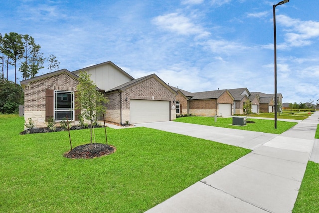 single story home with cooling unit, a garage, and a front lawn